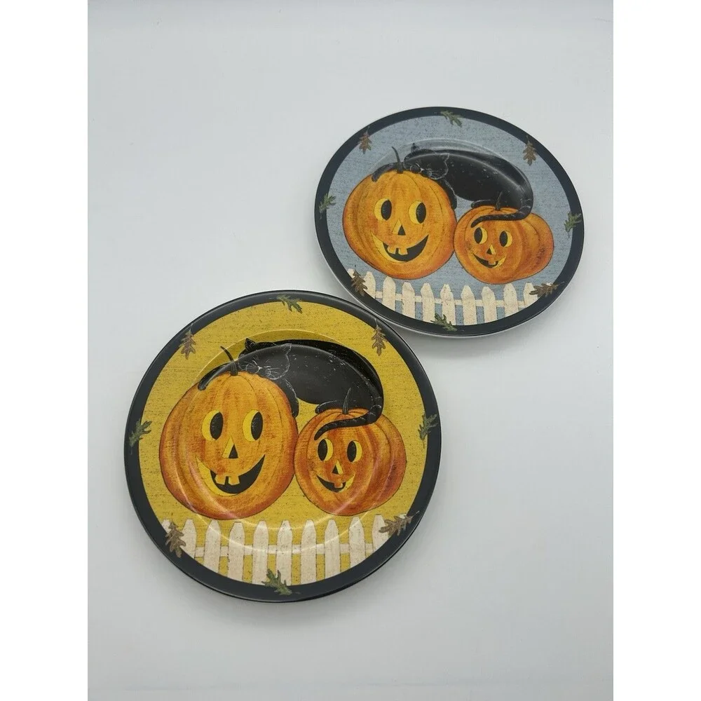 Sakura Warren Kimble Pumpkin Dreams Plates Set of 2 Halloween Jack-O-Lantern Cat